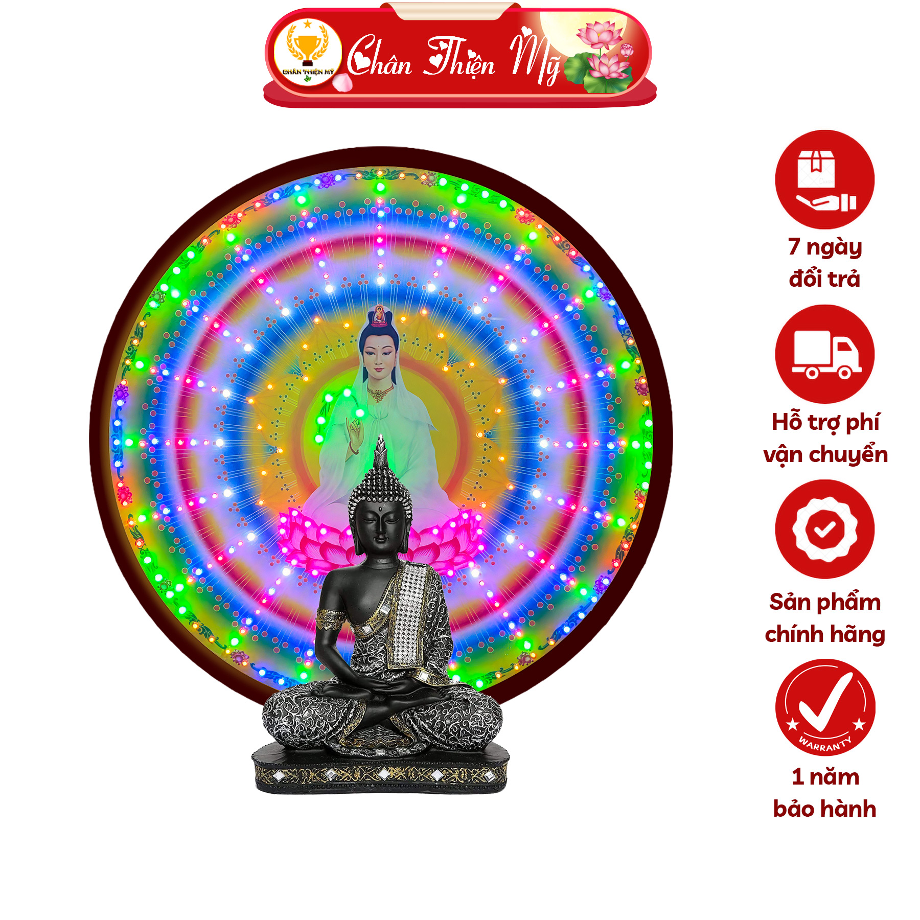 Hào quang led 8 chương trình quan thế âm bồ tát chân thiện mỹ, đèn trang trí bàn thờ cho tượng phật hq-8ct-06