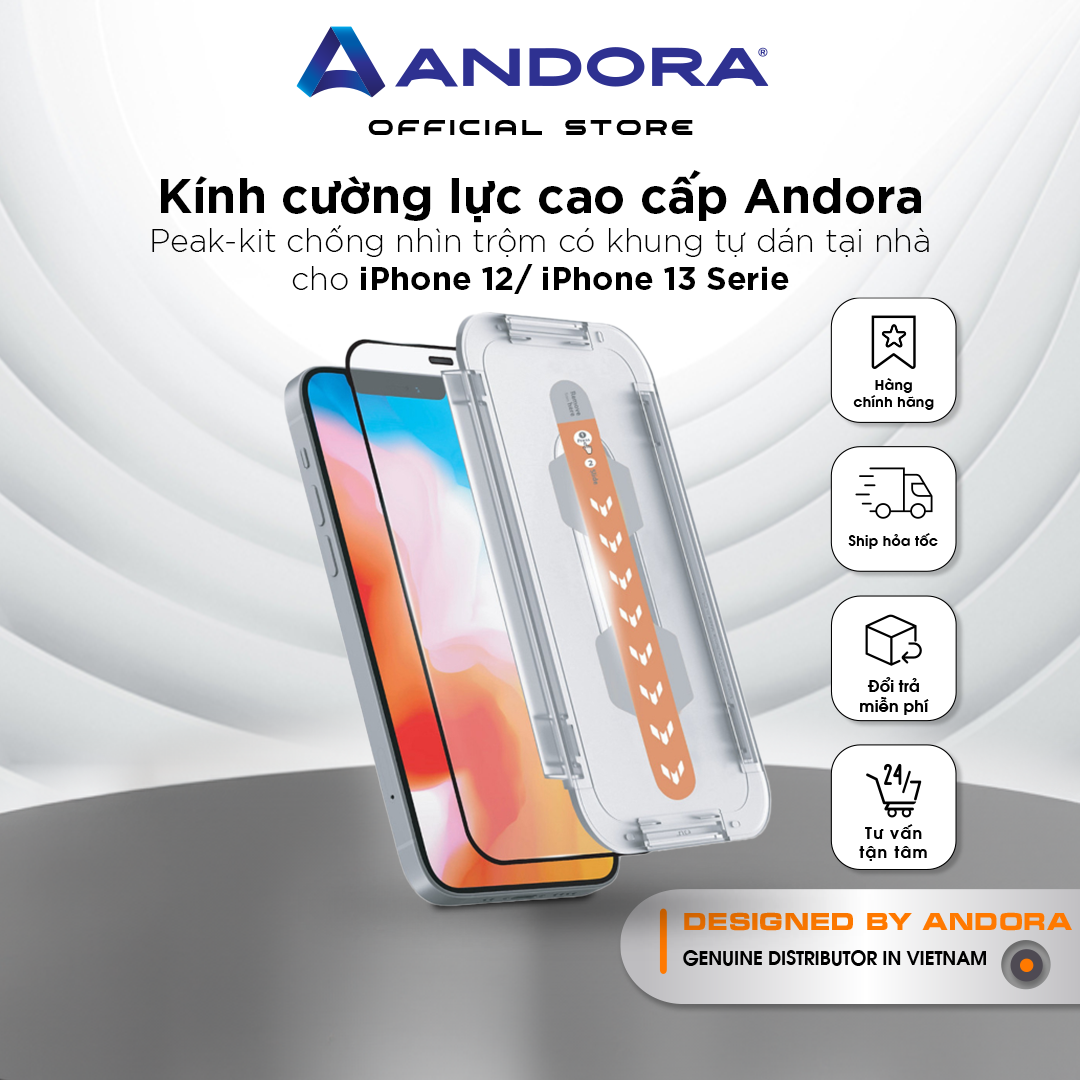 Kính cường lực cao cấp Andora Peak-kit chống nhìn trộm có khung tự dán tại nhà cho iPhone 12/ iPhone 13 Series