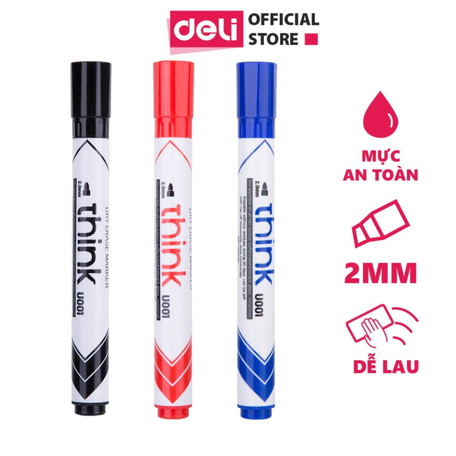 Bút lông viết bảng trắng xóa được Deli mực xanh đen đỏ loại to tiện dụng