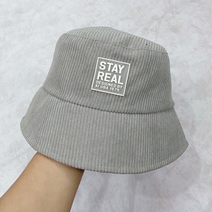 Mũ bucket vành cụp - Nón tai bèo thêu STAY REAL chất nhung tăm cao cấp Ulzzang form unisex nam nữ