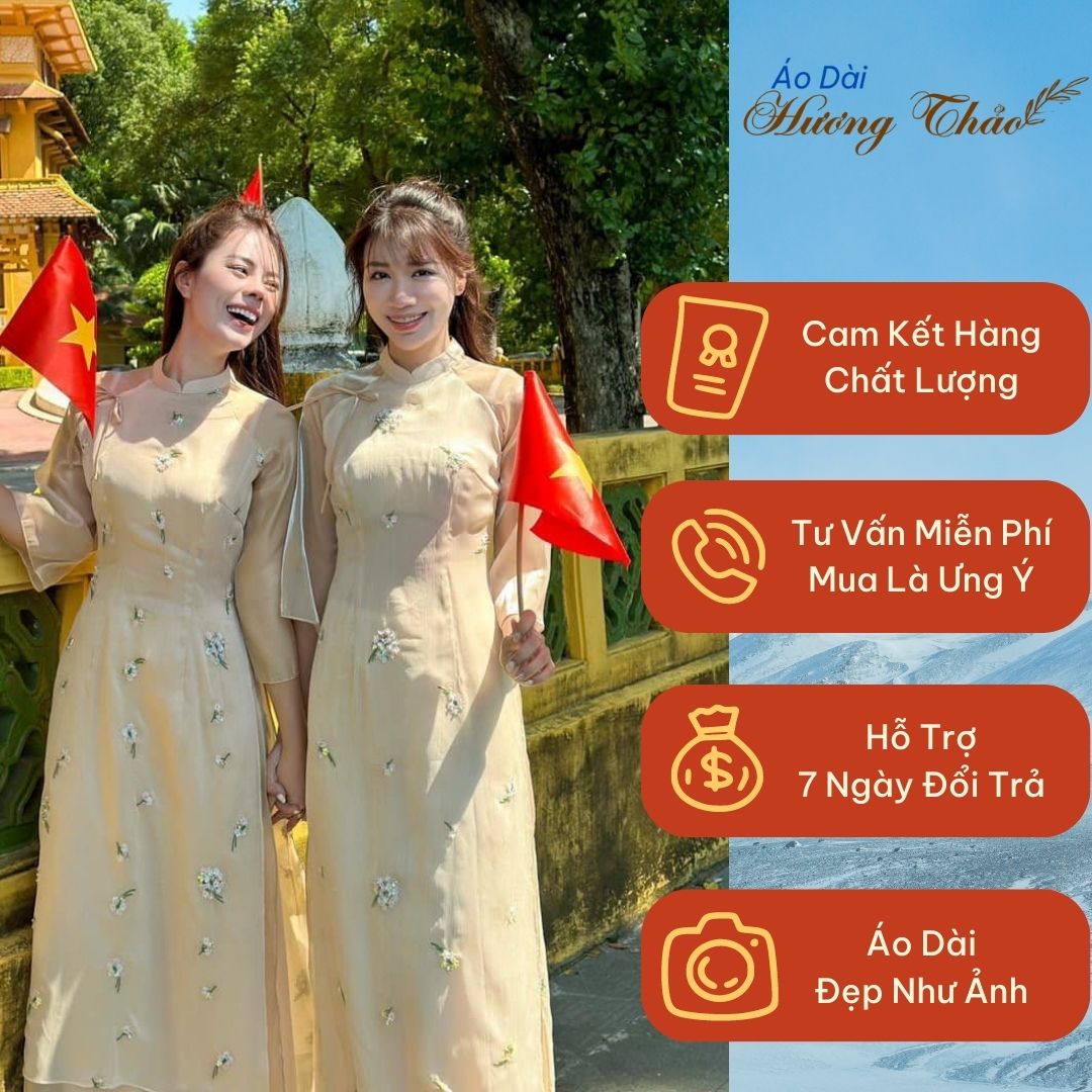 Áo dài cách tân nữ thêu hoa nhí Cúc Chi chất liệu lụa tơ cao cấp