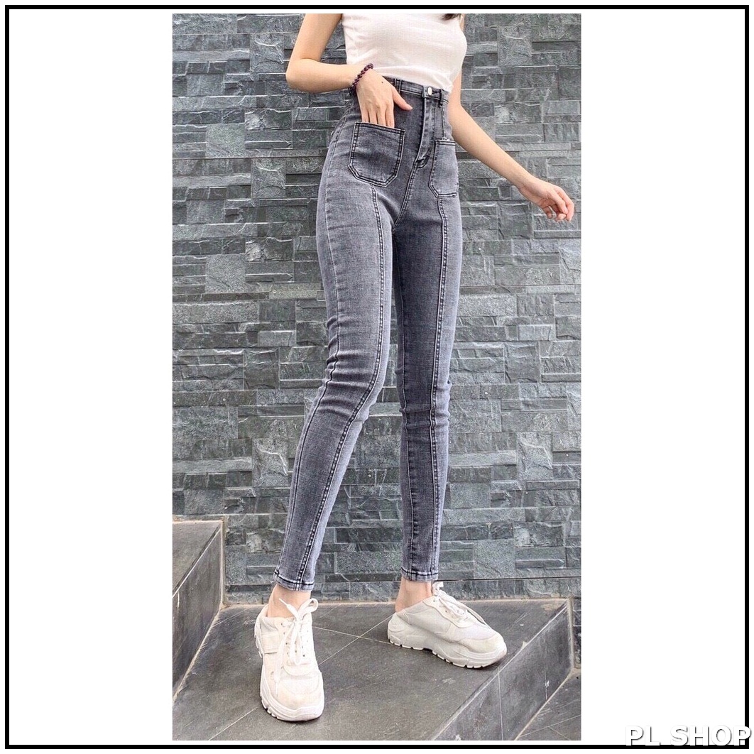 quần jean nữ lưng cao PHỐI SỌC GIỮA + HAI TÚI GIỮA SỌC MÀU XÁM chất giãn tốt SỌC-GIỮA-1
