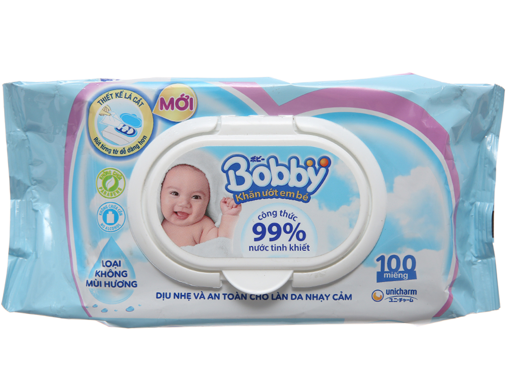 Khăn Ướt Bobby Không Mùi (100 Miếng) mẫu mới