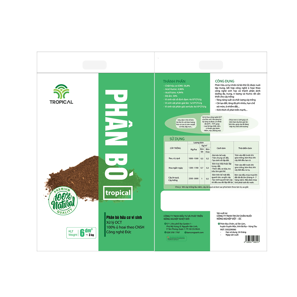 [HCM]Phân bò cao cấp OCT Tropical - 3kg - ban công xanh