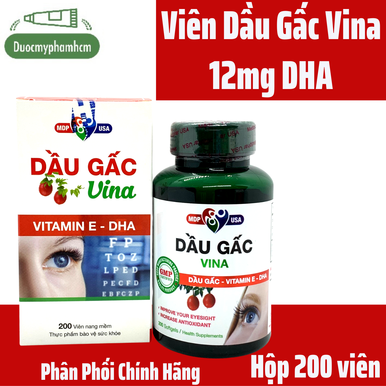 Thực phẩm Dầu Gấc Vina - Bổ sung DHA 12mg và dưỡng chất cần thiết cho mắt tăng cường thị lực - Lọ 200 viên