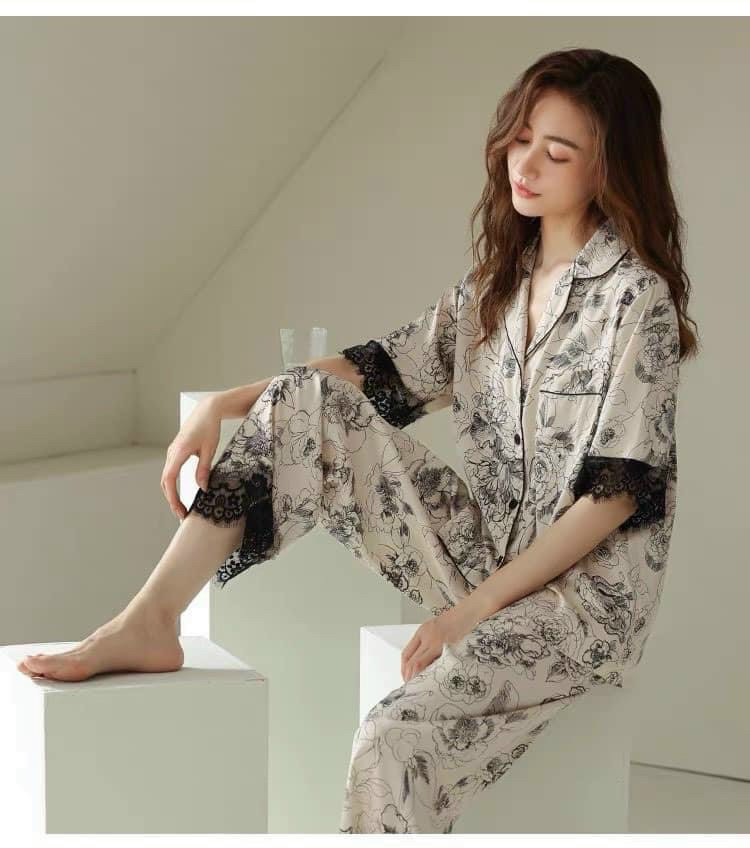 Bộ Pyjama lụa xước ánh kim cao cấp (free size: 45kg đến 60kg) HÀNG THIẾT KẾ MỚI.