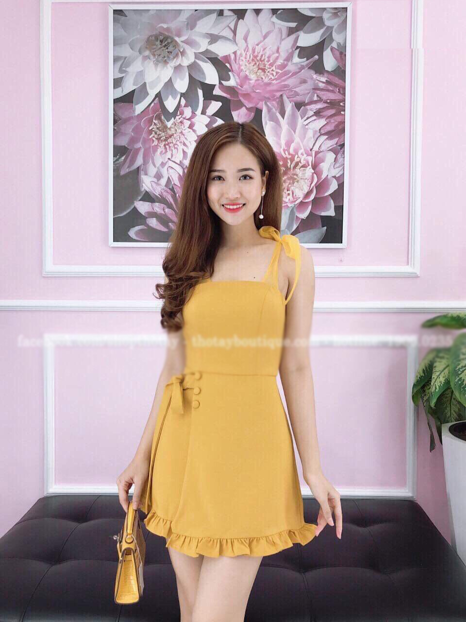 [HCM]Đầm  Nữ  Xòe Phối Diềm Thắt Nơ 2 Dây Tt Đ25