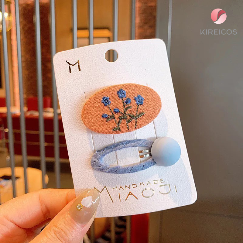 [HCM]Set 2 Kẹp Tóc Thêu Hoa Và Kẹp Bấm Tóc Màu Macaroon - kireicos