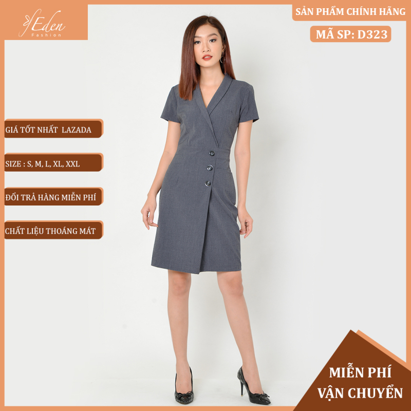 Váy Nữ Công Sở Thời Trang Eden Cổ Vest Tay Ngắn. Chất Liệu Cotton Mềm Mại. Hai Màu Xám, Da. Size Từ 43 Đến 60kg - D323
