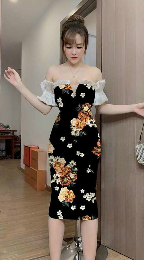 [HCM]Đầm body tay gân có tơ ( có mút ngực )