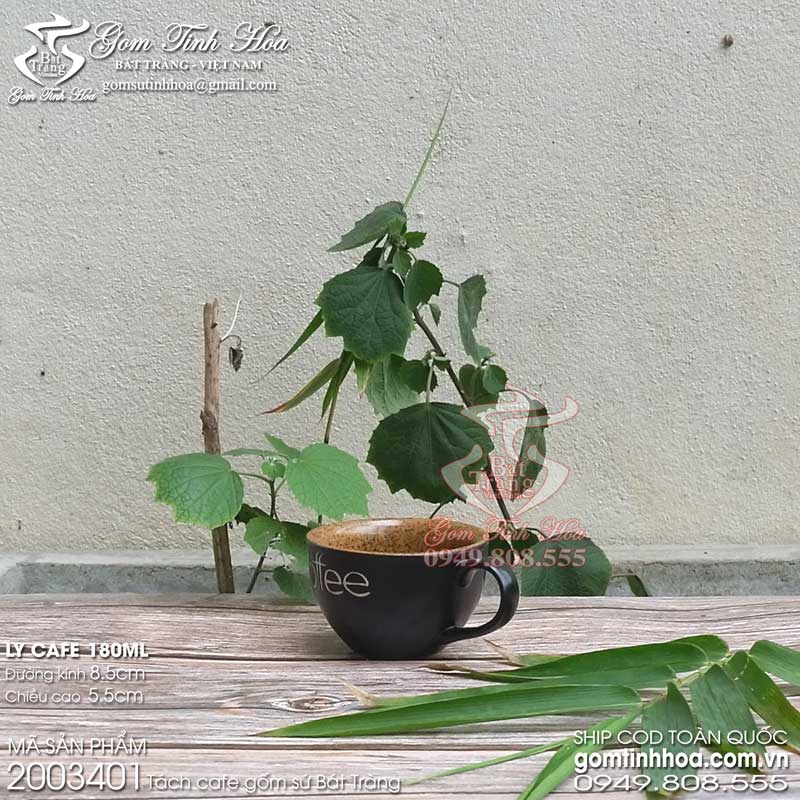 Ly tách uống trà cafe 180ml men đen lòng gốm