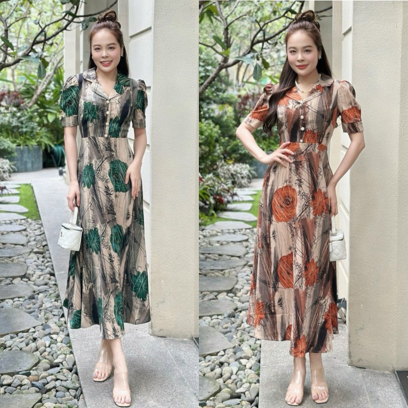 Đầm maxi họa tiết, form dài cổ sen, đính nút, tay phồng Misa - MS0301 (Hình thật shop chụp)