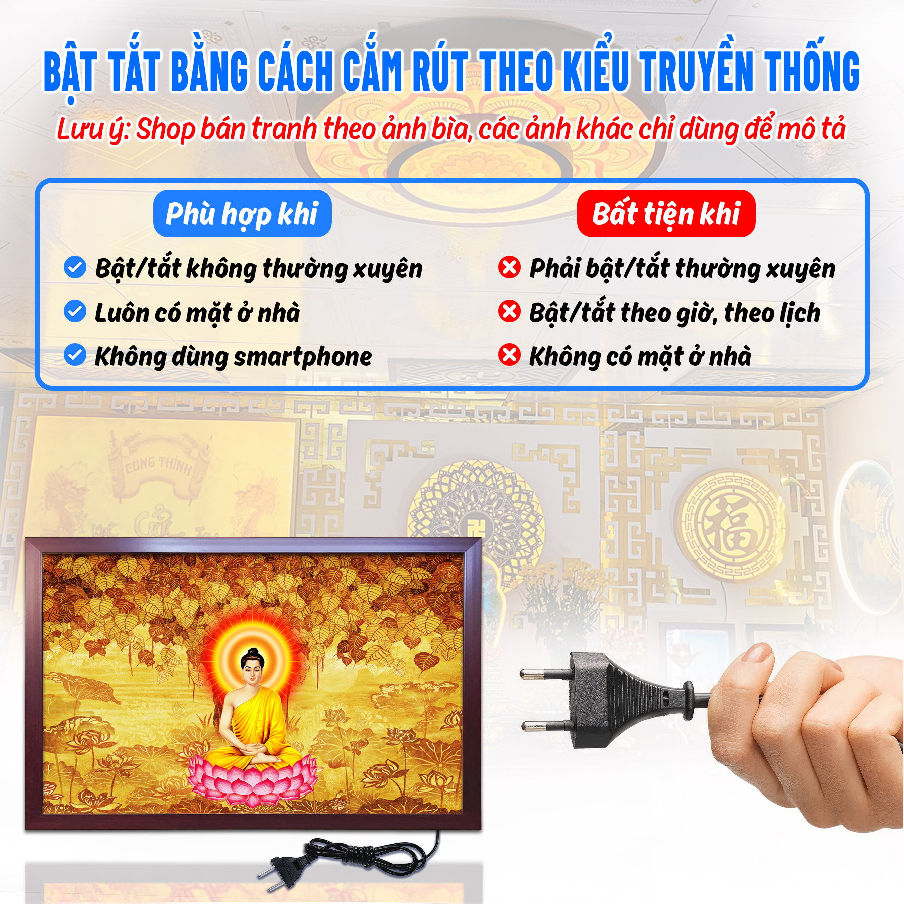 Đèn thờ tranh trúc chỉ ngang chân thiện mỹ, đèn trang trí bàn thờ, tranh trúc chỉ phật thích ca tc-tn-77