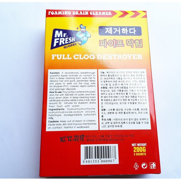 Hộp 2 Gói Bột Thông Cống Mr Fresh Hàn Quốc 100g
