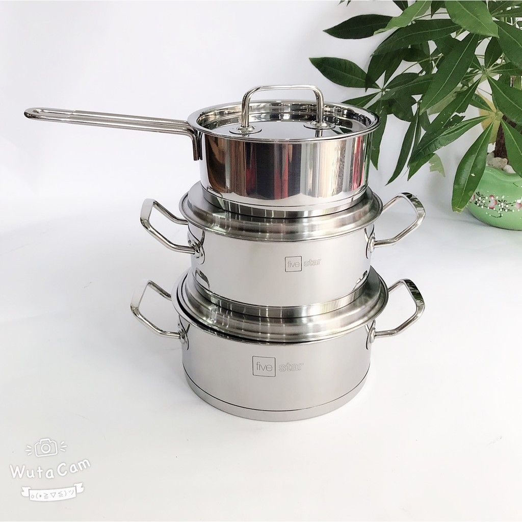 Bộ nồi Fivestar 3 chiếc inox 430 nắp inox 3 đáy dùng được bếp từ , hồng ngoại , gas ( tặng 5 muỗng ăn )