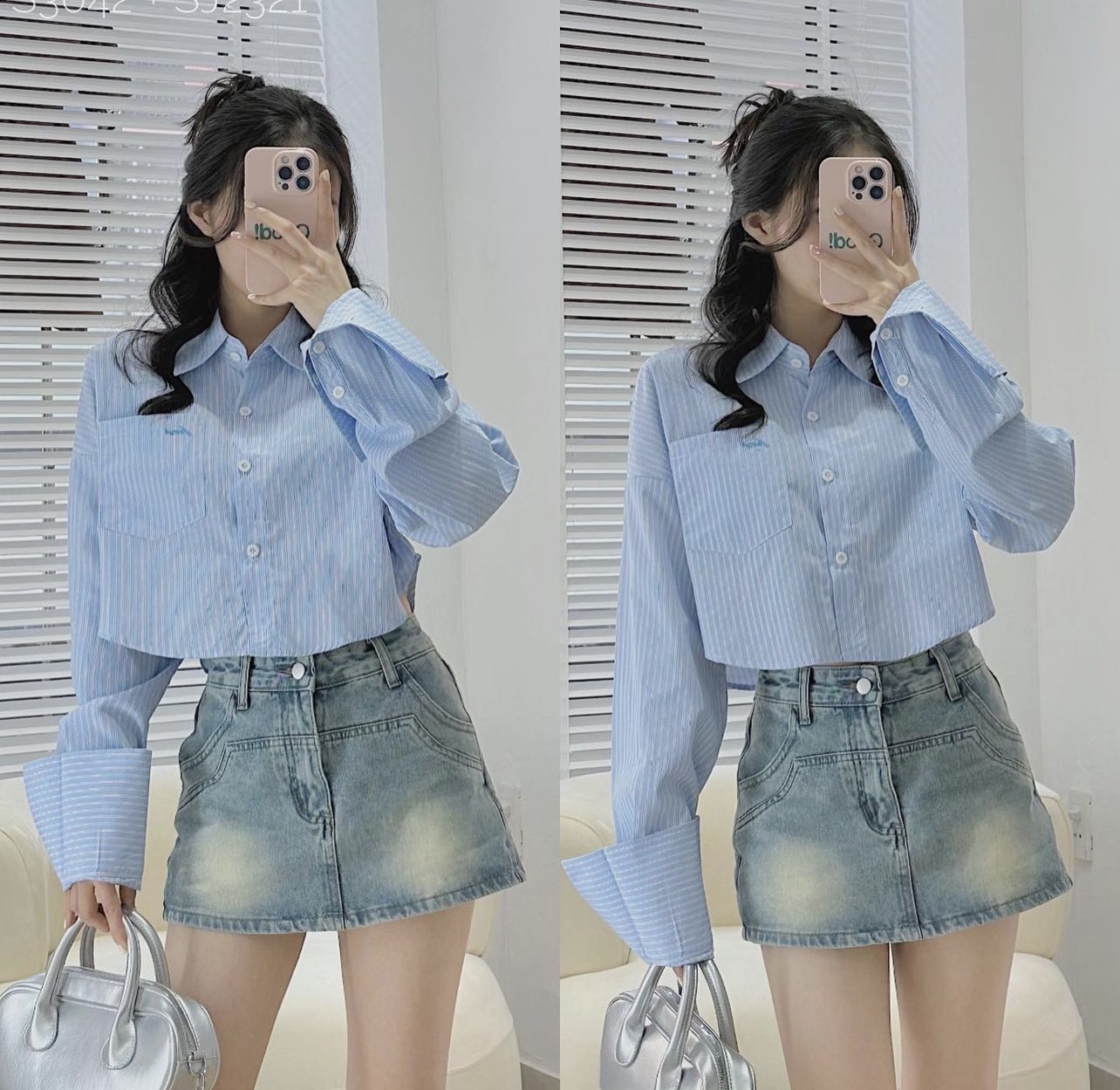 Áo sơmi croptop tay dài kẻ sọc thêu chữ xinh xắn - 247StoreFashion - Somikecroptop3042