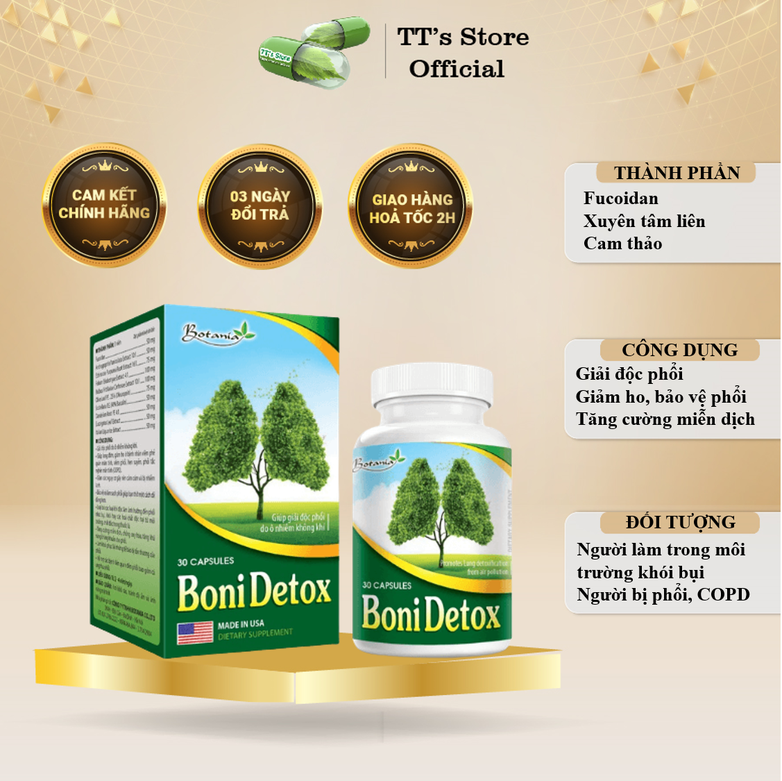Giải độc phổi BoniDetox (Hộp 30 viên) - Botania [Boni detox, cai thuốc lá, bổ phổi]