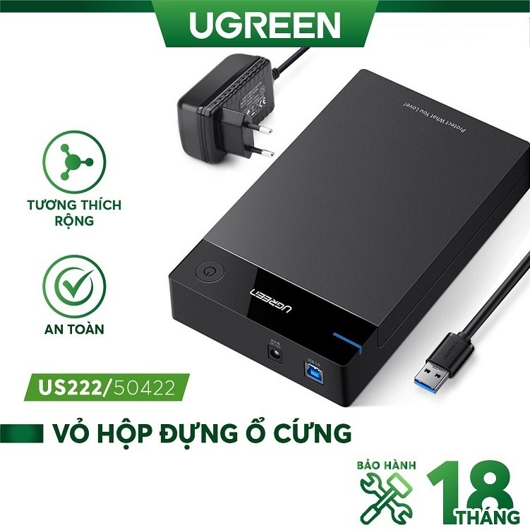 Hộp đựng ổ cứng hdd box 3,5" sata usb 3.0 hỗ trợ hdd 10tb ugreen 50422 bảo hành 18 tháng