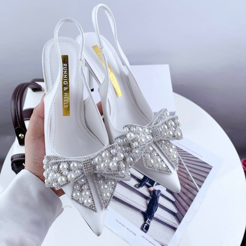 Giày công sở- giày sandal cao gót mũi nhọn nơ nhọn ngọc đá gót nhọn 7cm- 1004