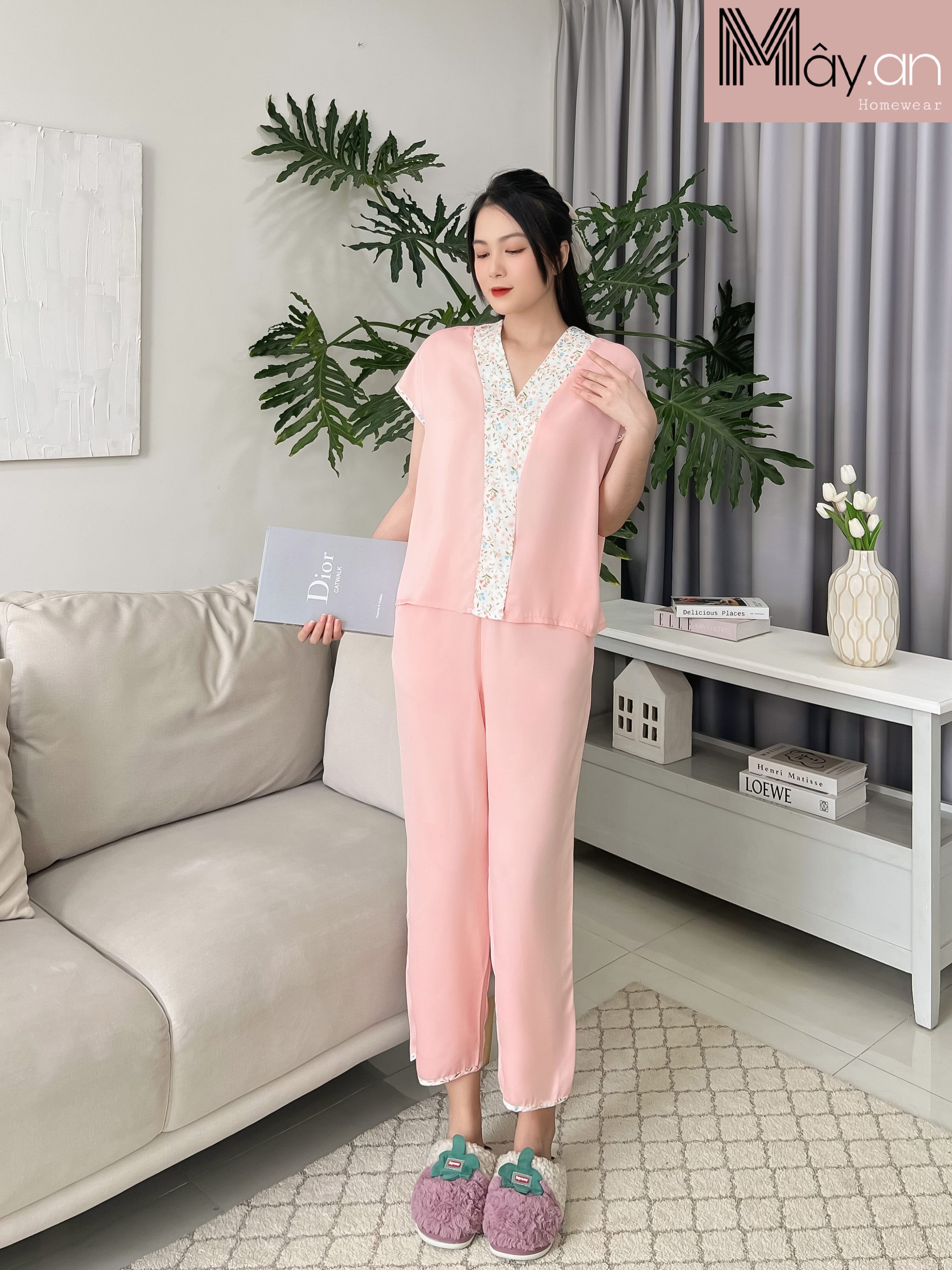 Đồ mặc nhà Mây áo viền hoa lụa nhung cao cấp - quần dài