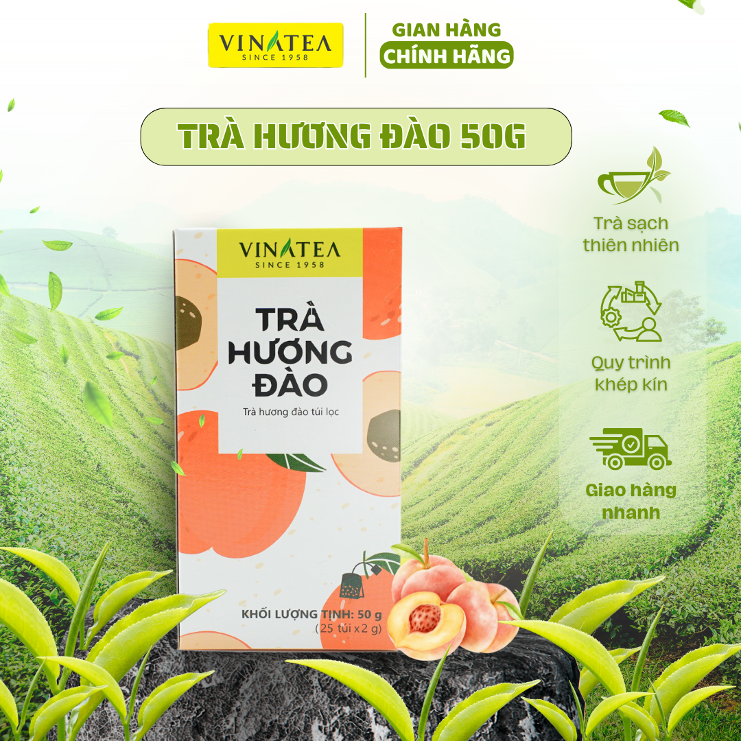 Trà đào khối lượng 50g, trà túi lọc hộp 25 túi thơm đậm vị đào tự nhiên, trà Vinatea cho sức khoẻ