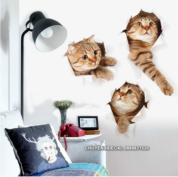 Decal trang trí tường - 3 Con Mèo 3D siêu phá