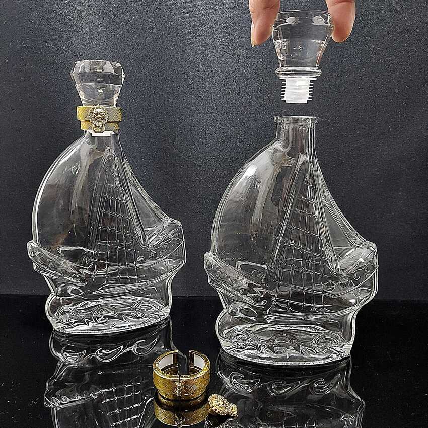 Glass bottle 500ML – Ship shape - Flat design – Solid cap with seal - 1 bottle (C22 pattern)