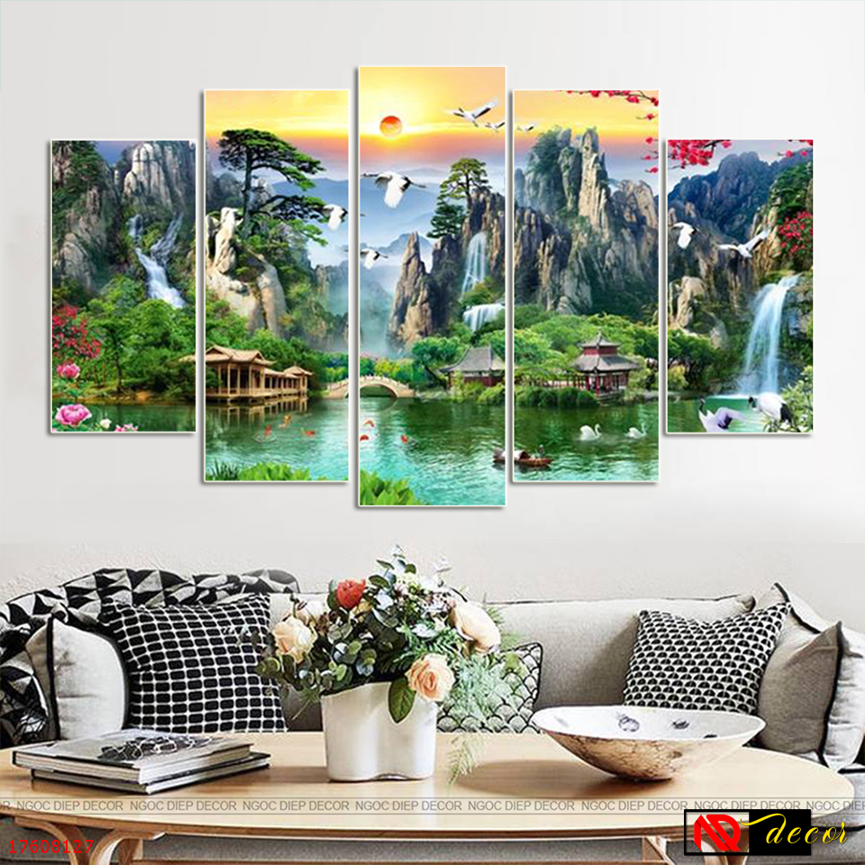 Bộ tranh dán tường phòng khách Sơn Thủy hữu tình, tranh phong thủy in sắc nét rực rỡ