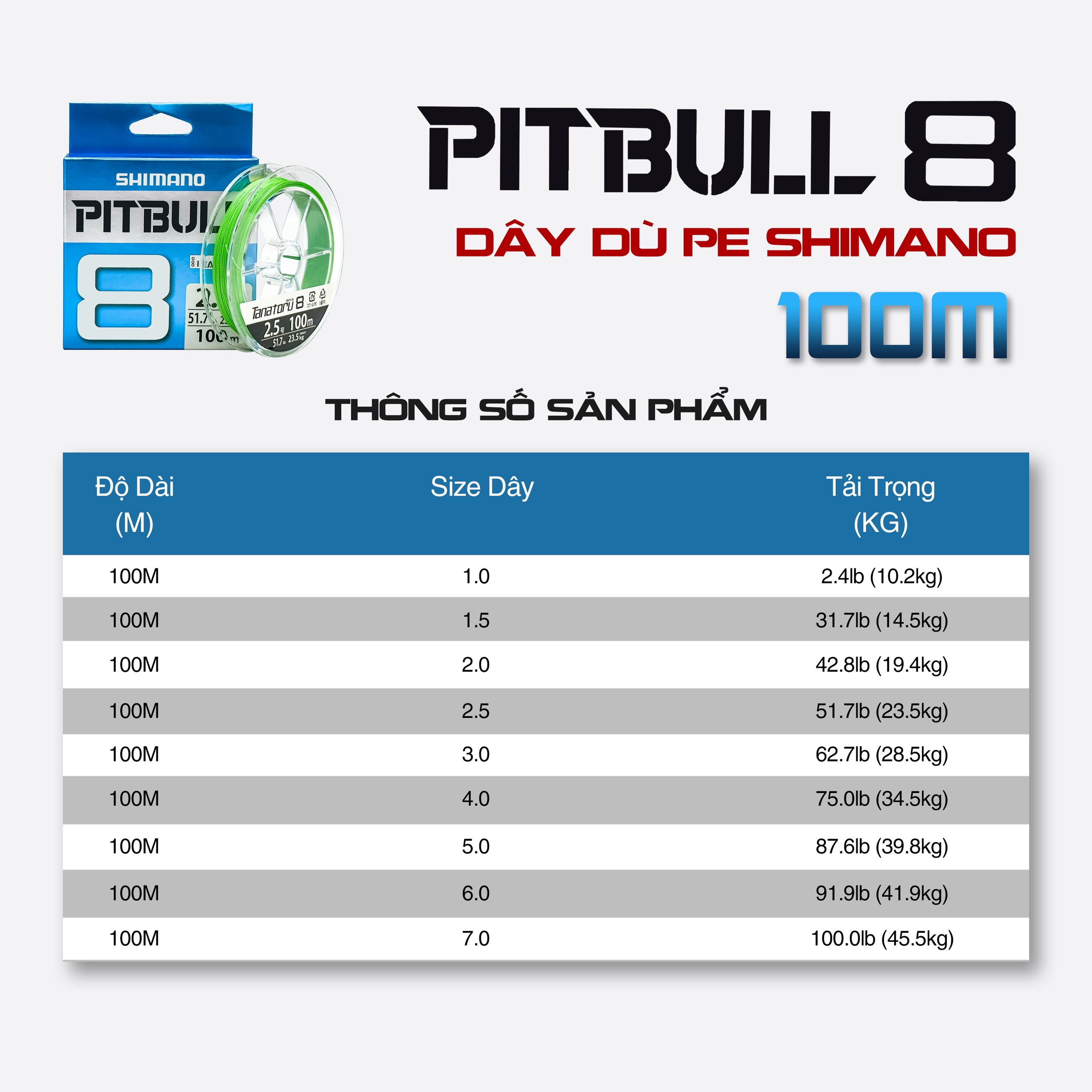 Dây Dù Câu Cá PE SHIMANO  ( PILLBULL ) X8 100m -JAPAN