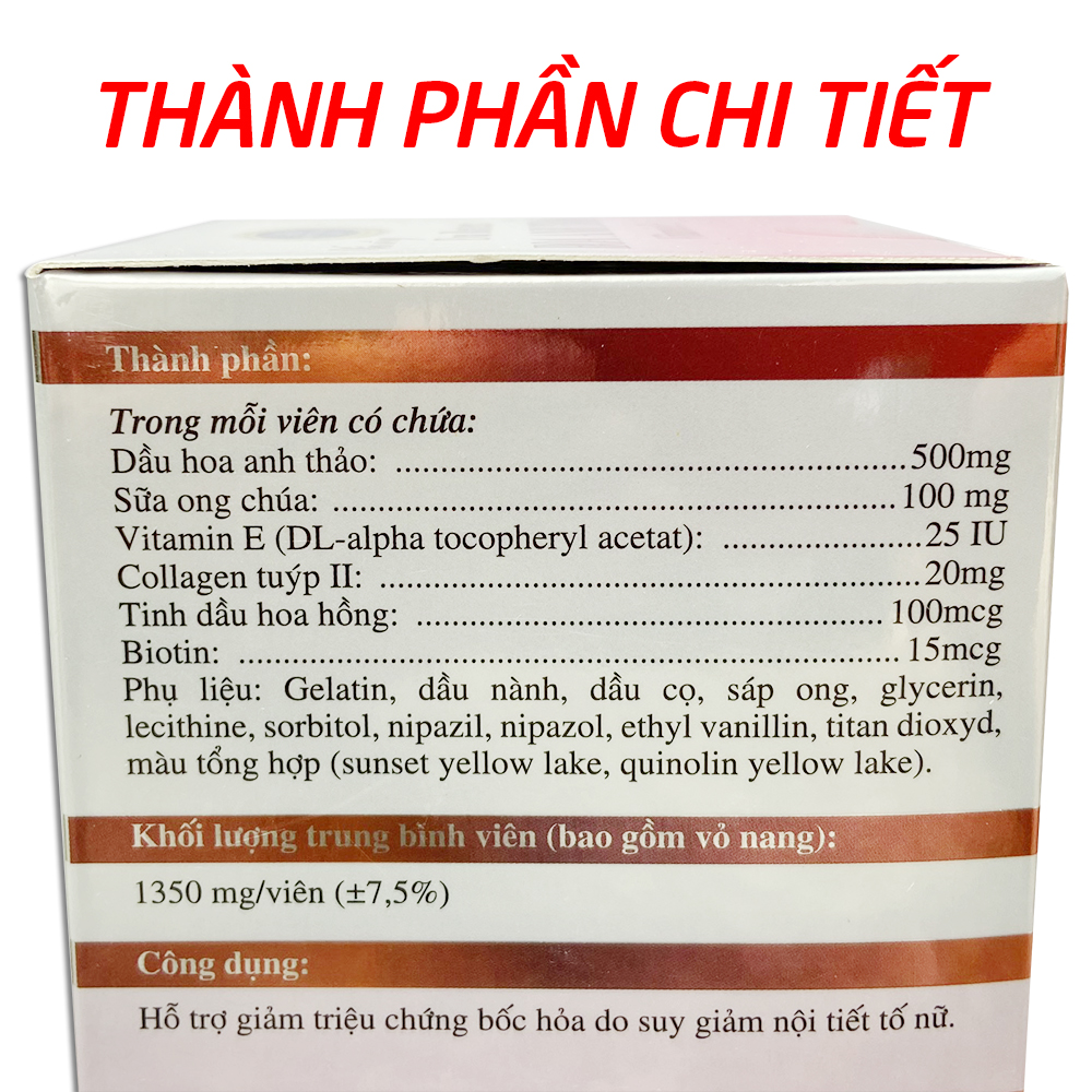Viên uống dầu hoa anh thảo, sữa ong chúa, dầu hoa hồng giúp đẹp da, tăng nội tiết tố nữ - Chai 30 viên