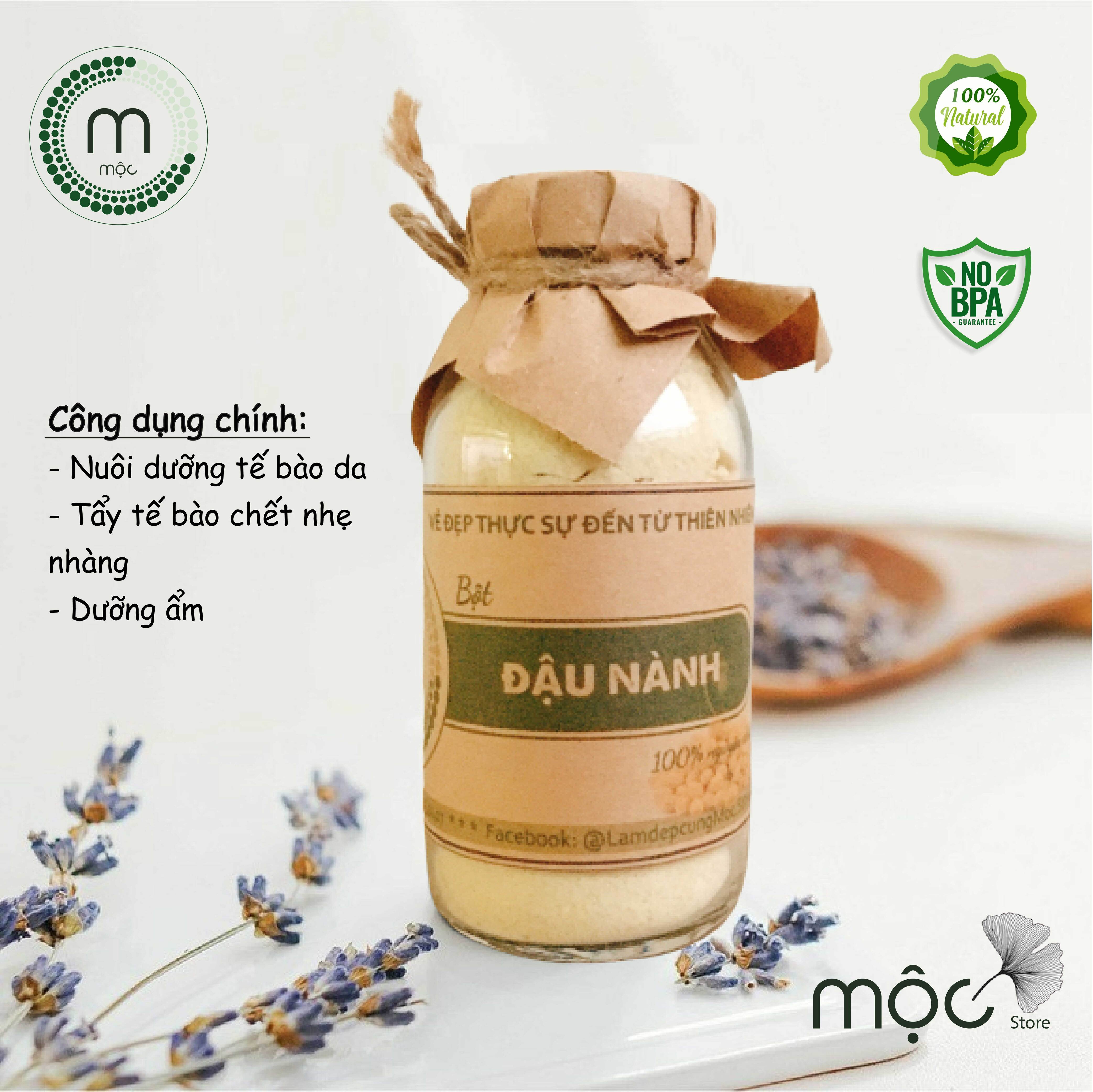 Bột đậu nành nguyên chất đắp mặt nạ MỘC - tẩy tế bào chết, dưỡng ẩm, se khít lỗ chân lông, ngăn ngừa lão hóa túi dùng thử 10g, chai 100ml và 200ml handmade