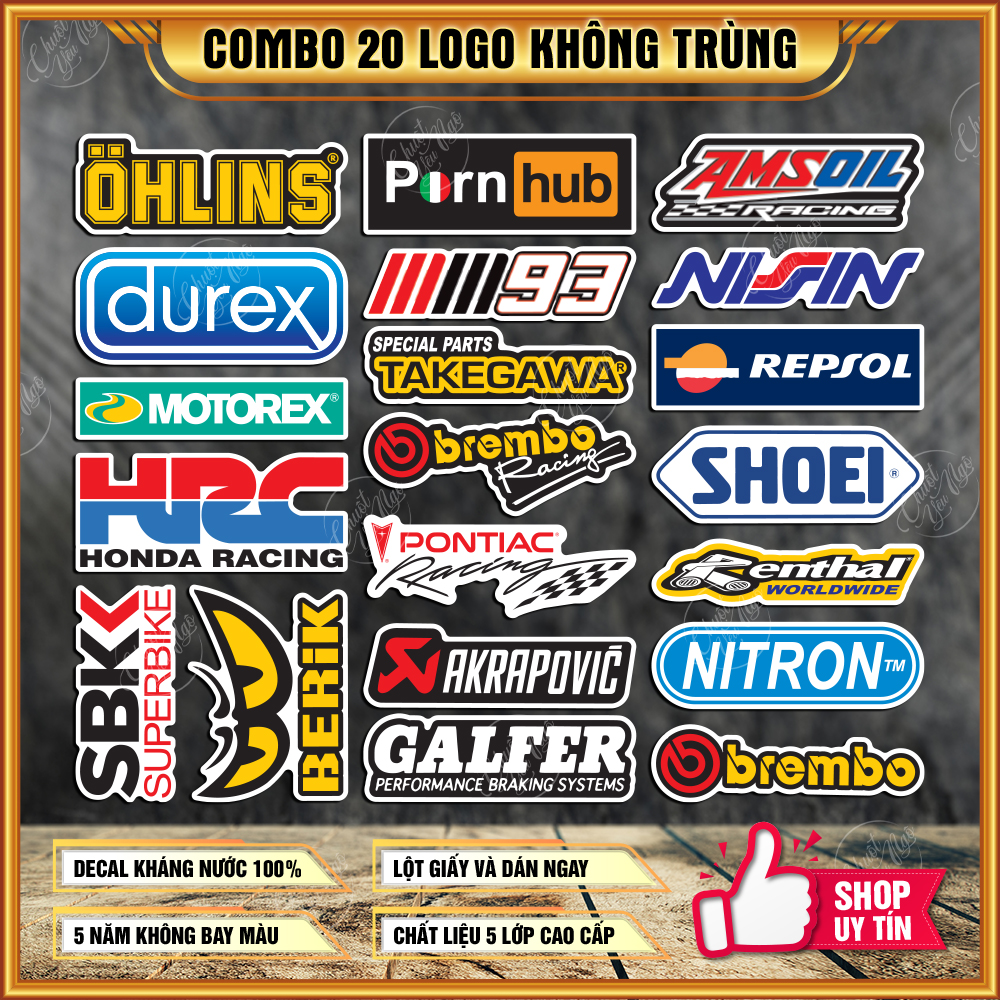 Bộ 20 logo tem decal xe không trùng chống nước chất lượng cao ohlins durex brembo amsoil repsol akrapovic berik sticker