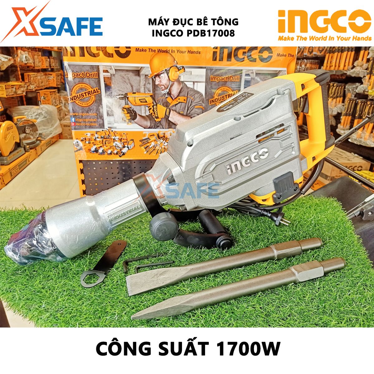 Máy đục bê tông INGCO PDB17008 | Máy khoan đục 1700W, Tốc độ đập 1400 lần/phút, Lực đập 50J, Đầu cặp SDS Hex, khoan đục phá tường, bê tông, vật liệu cứng