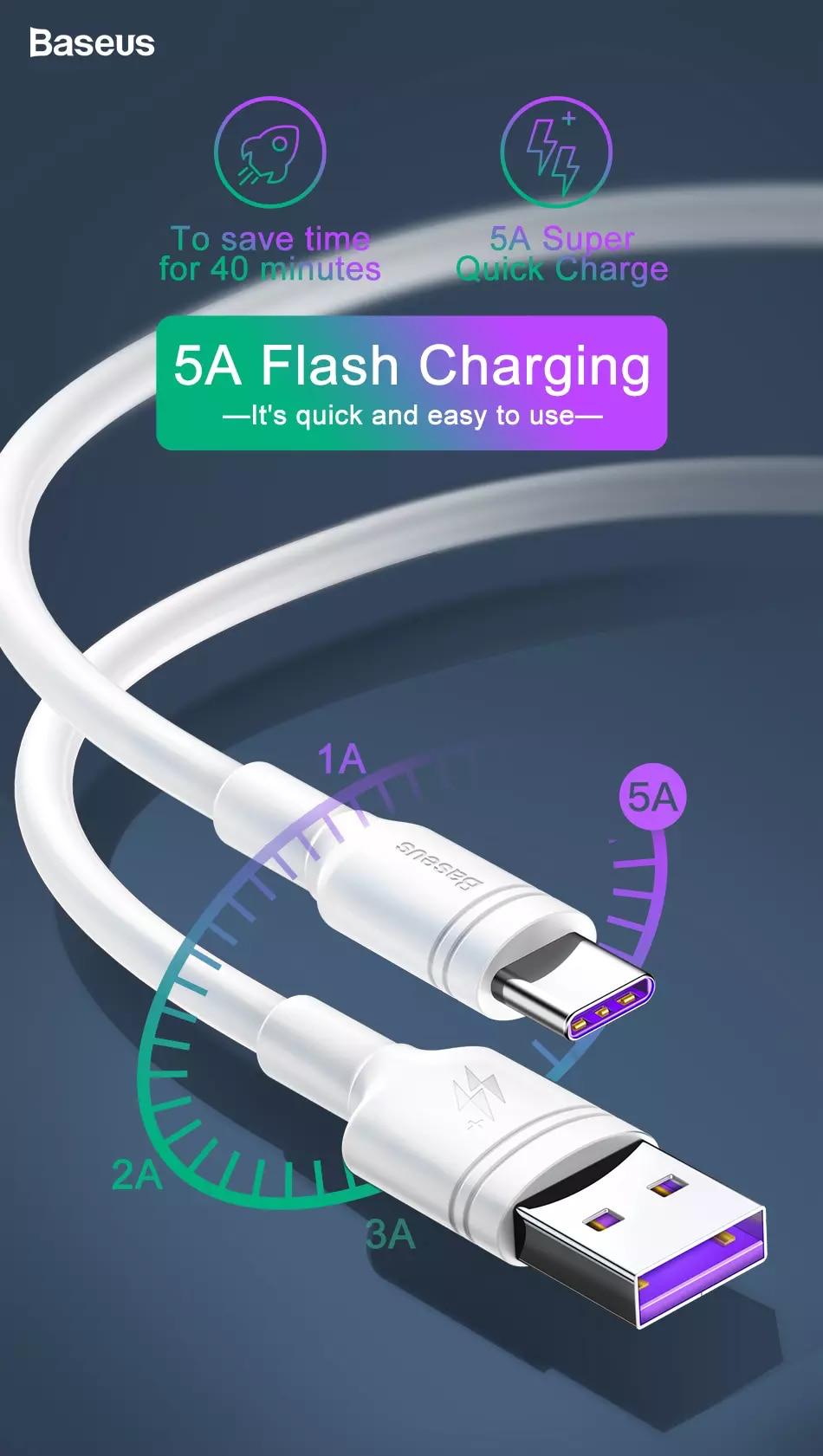 Cáp sạc nhanh Baseus Double Ring Type C cho Huawei/ Samsung S8/9, Note 8/9, Xiaomi (5A Huawei Super Quick charge / Quick Charge 3.0)