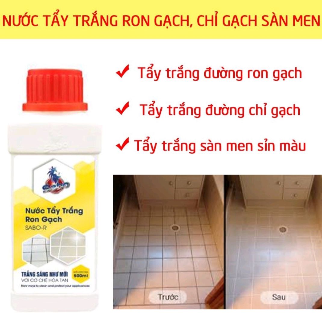 ( Tặng chổi quét sơn+  miếng cọ xanh) Tẩy trắng ron, đường chỉ gạch, tẩy trắng sàn men sỉn màu Sabo-R (500ml)