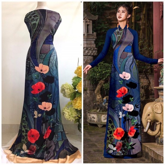 Vải may áo dài- lụa pháp latin mềm rũ - hoa văn in 3d - co giãn nhẹ