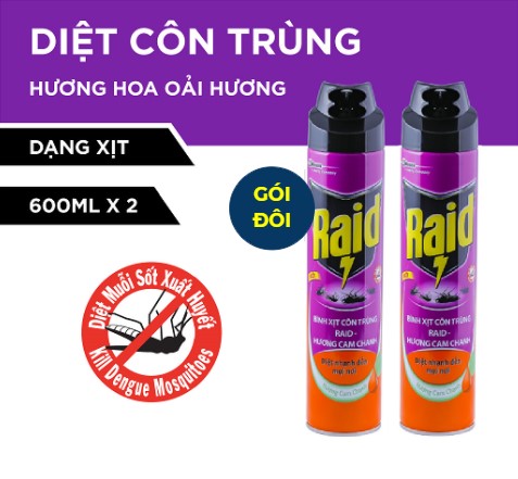Combo 2 RAID Bình xịt côn trùng Hương Cam Chanh 600ml