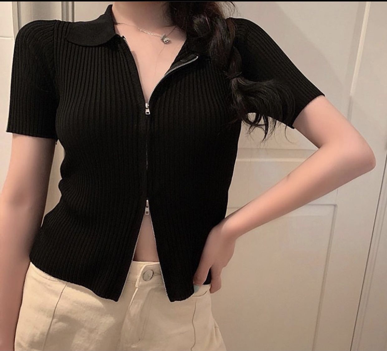 Áo Croptop Gân Dây Kéo