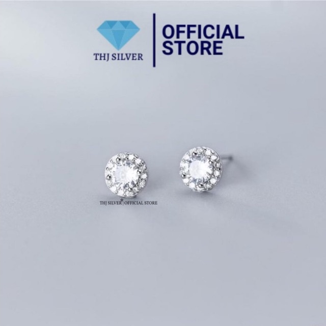 Bông tai nữ đá tròn đính đá size 8mm chuẩn bạc ta-THJ SILVER