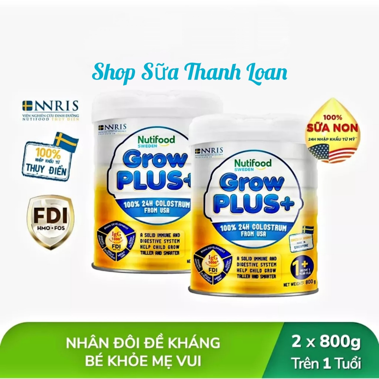 COMBO 2 Lon Sữa Non Vàng Nutifood GrowPLUS+ Số 1+/ 2+ Lon 800g.