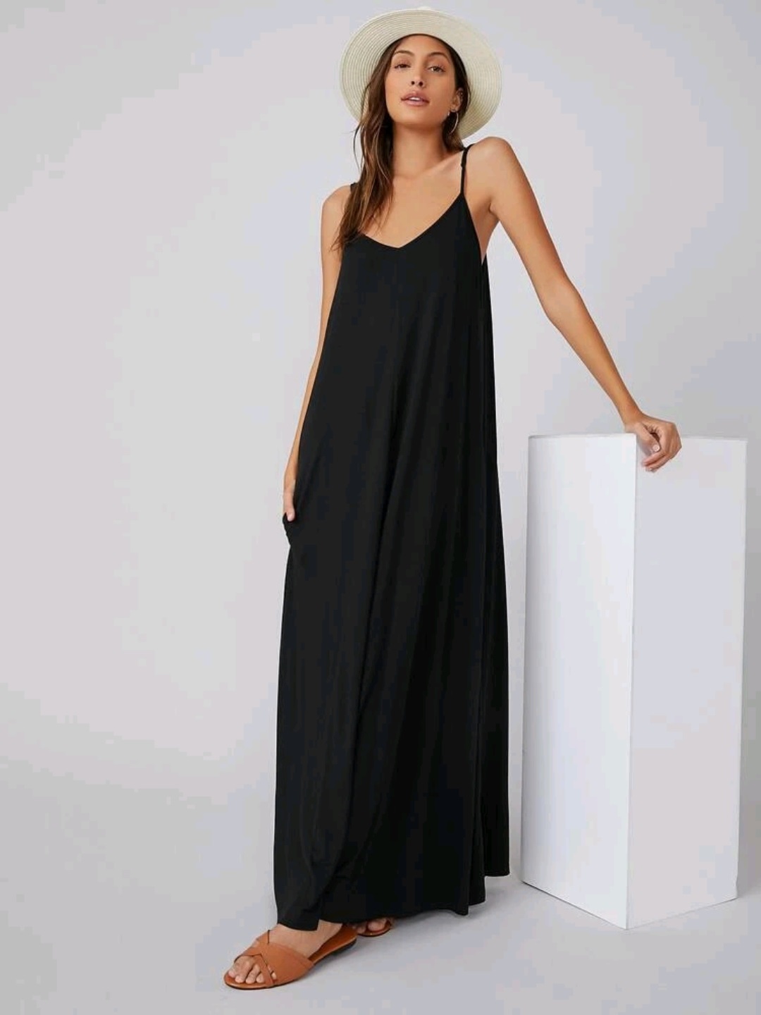 [HÀNG MỸ] Đầm dây maxi TAHARI linen cổ V đen