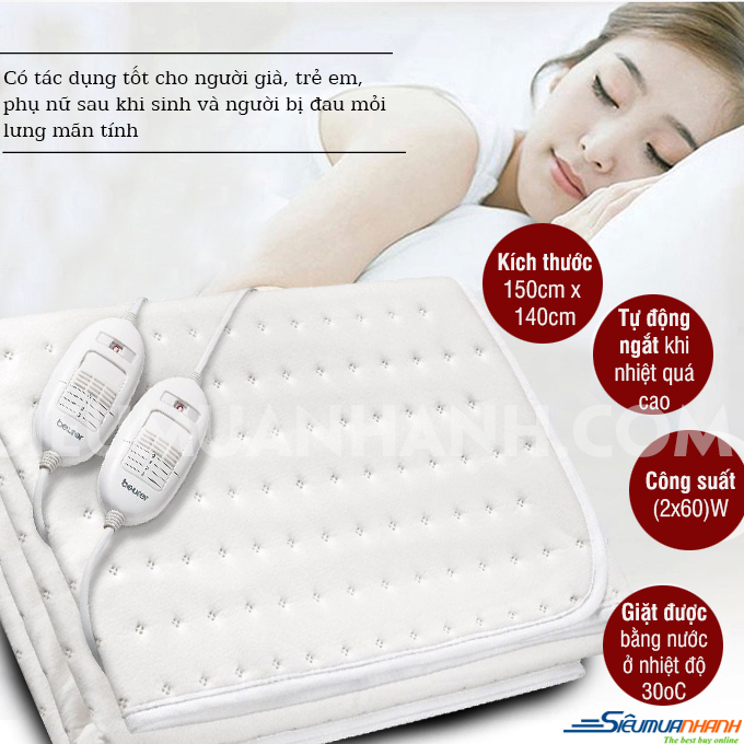 Đệm Sưởi Điện Beurer UB68XXL / TS26, Nệm Sưởi Đơn/Đôi, Thiết Bị Sưởi Ấm, Có Điều Khiển, 3 Mức Nhiệt, Chất Liệu Cotton, Giặt Được, Tiêu Chuẩn EU, An Toàn, Làm Ấm Nhanh, Nhập Đức, BH 24 Tháng