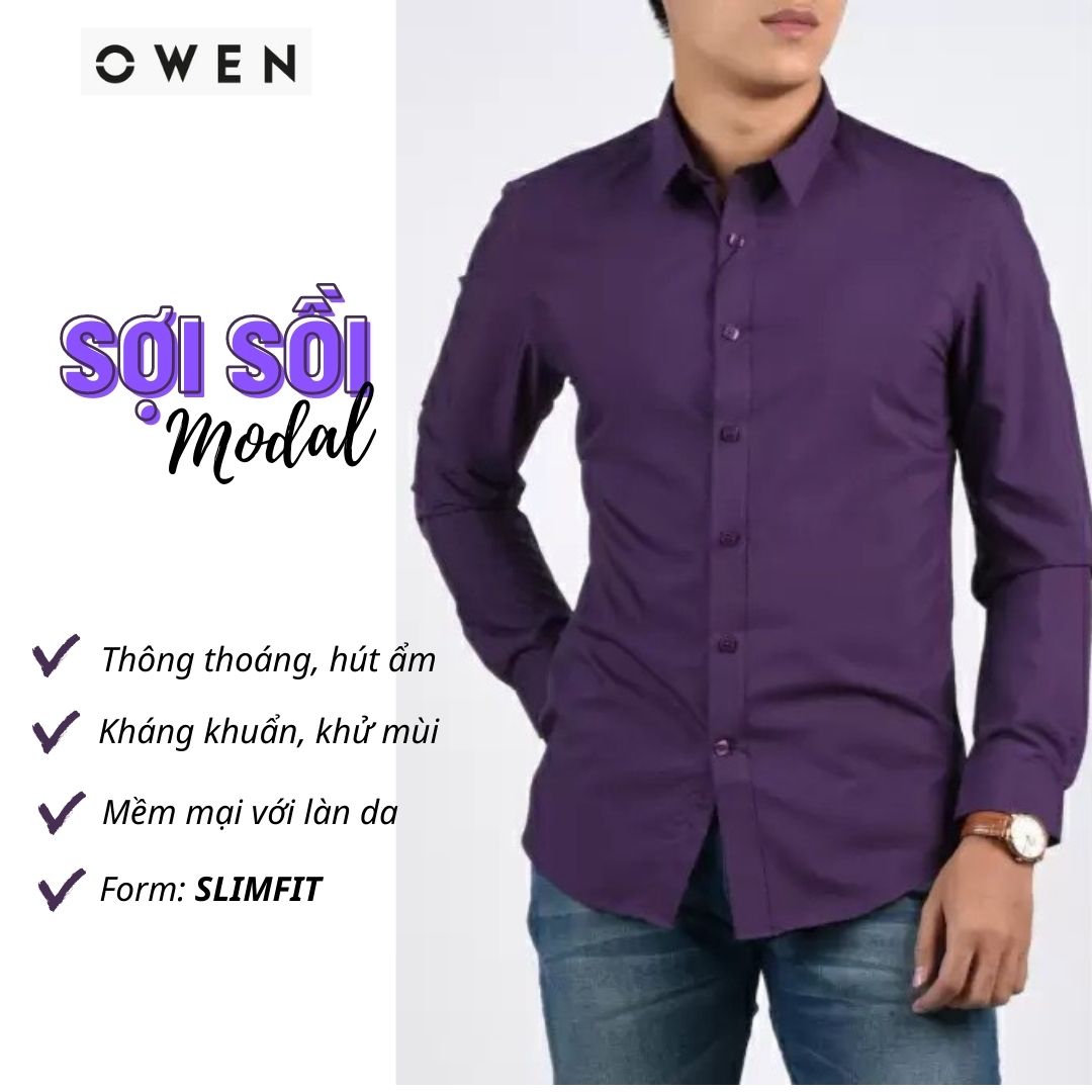 OWEN - Áo sơ mi nam dài tay Owen Slimfit màu tím đậm in chìm chất chống nhăn 80761