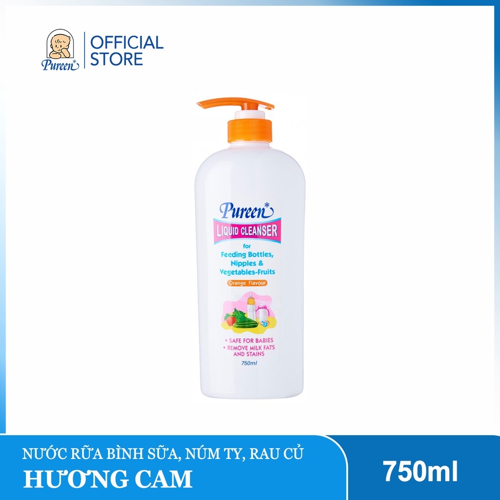 Nước rửa bình sữa, núm ty & rau củ Pureen hương Cam - An toàn cho Bé - 750ml