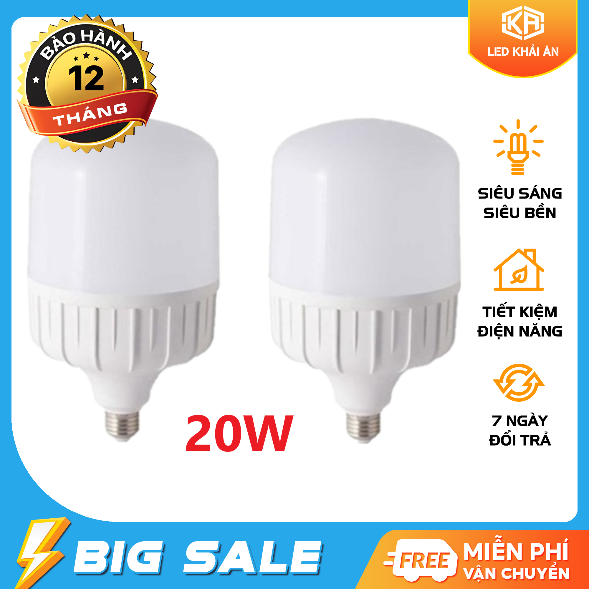 Bộ 2 bóng đèn Led 20W cao cấp ánh sáng trắng