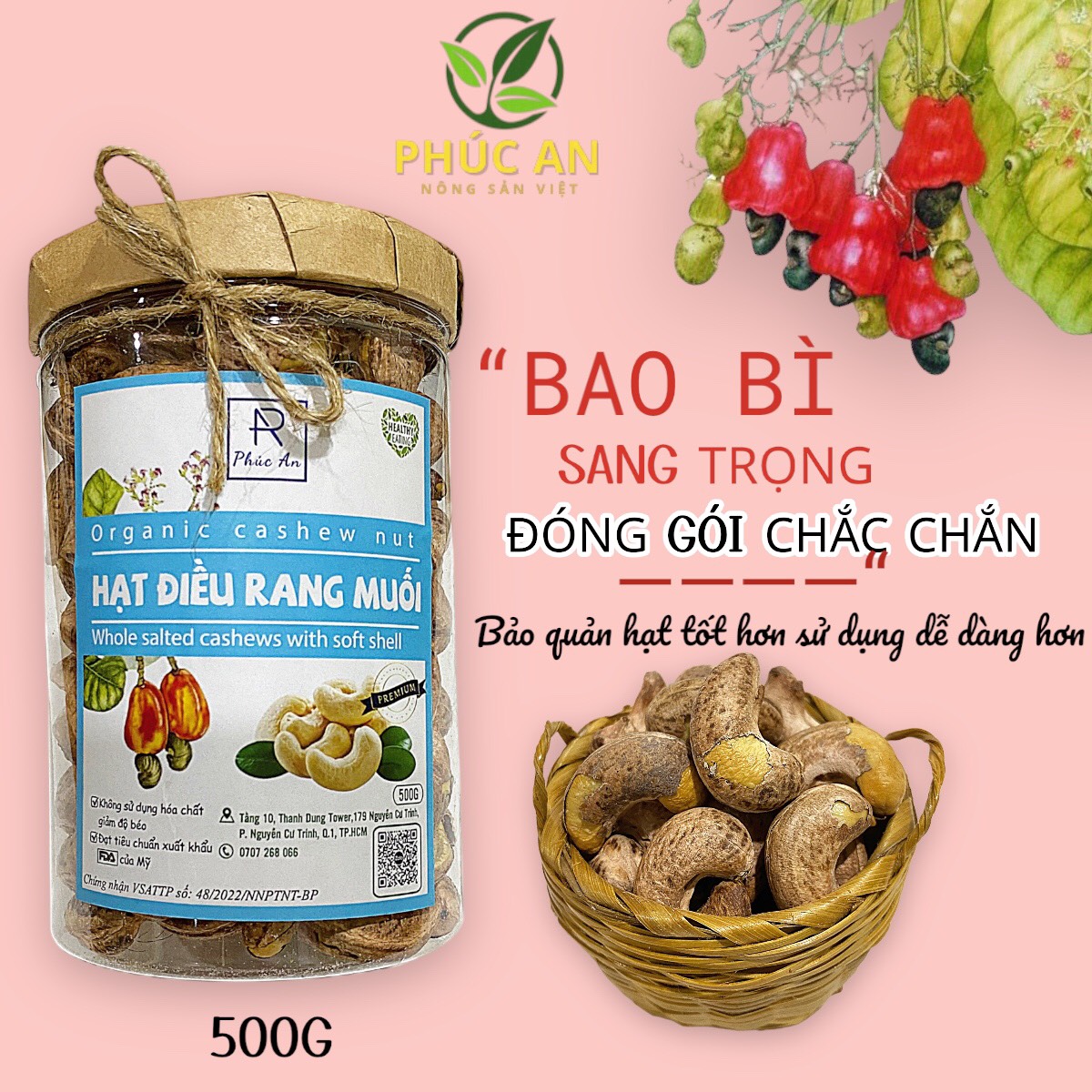Hạt Điều Rang Muối PHÚC AN Có Vỏ Lụa 500g - Đặc Sản Bình Phước