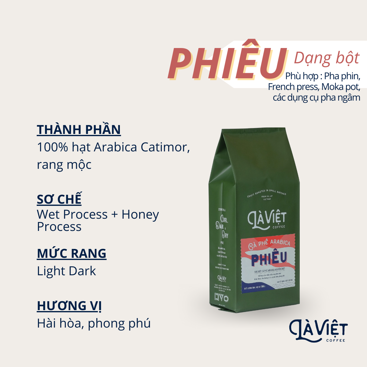 Cà Phê Bột LÀ VIỆT PHIÊU 100% Arabica 500g Vị Phong Phú