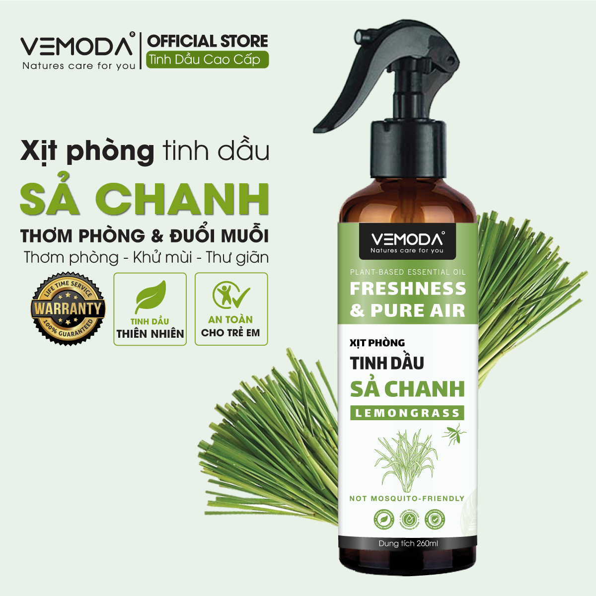 Xịt thơm phòng tinh dầu Sả chanh Vemoda 260ml