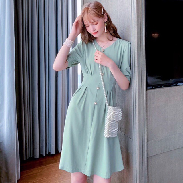 Đầm mint nút ngọc thắt nơ