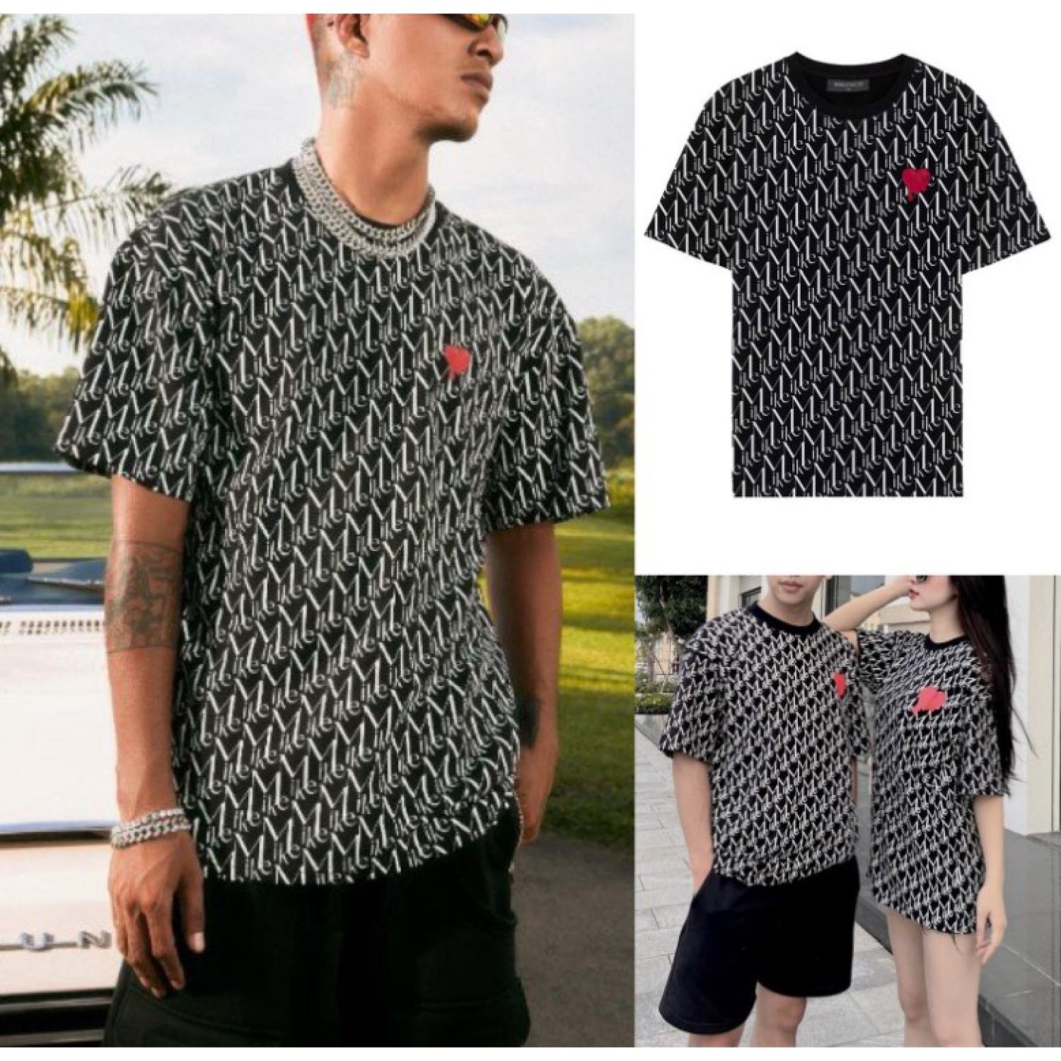 Áo phông unisex mikenco mike tim đỏ in kín mẫu monogram hariqueen